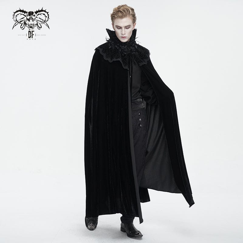 DEVIL FASHION Men's Gothic Stand Collar Lace Splice Velvet Cloak