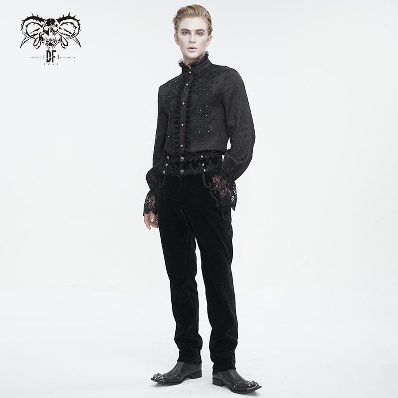 DEVIL FASHION Men's Gothic Stand Collar Puff Sleeved Lace Splice Shirt
