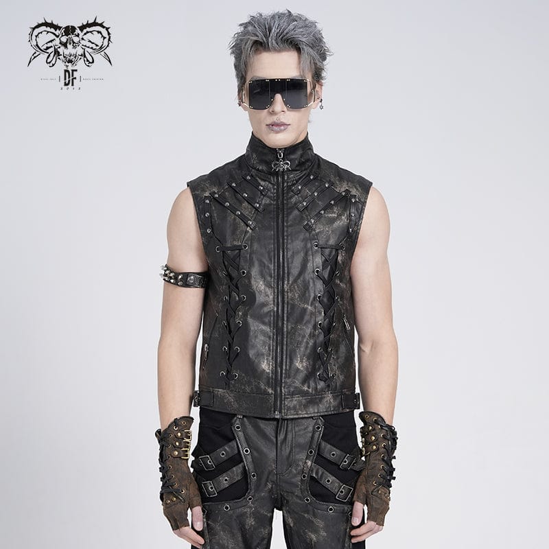 DEVIL FASHION Men's Gothic Stand Collar Strappy Splice Waistcoat