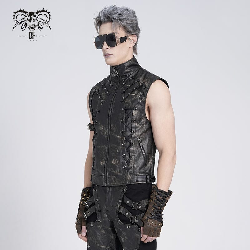DEVIL FASHION Men's Gothic Stand Collar Strappy Splice Waistcoat