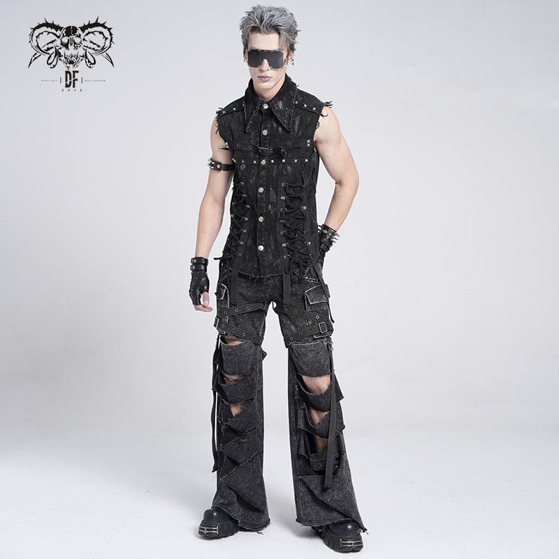 DEVIL FASHION Men's Gothic Studded Lace-up Distressed Vest