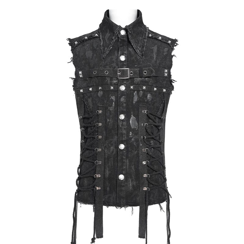DEVIL FASHION Men's Gothic Studded Lace-up Distressed Vest