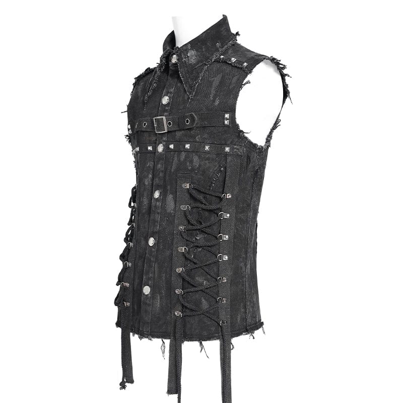 DEVIL FASHION Men's Gothic Studded Lace-up Distressed Vest