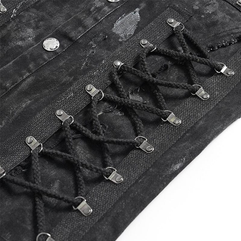 DEVIL FASHION Men's Gothic Studded Lace-up Distressed Vest