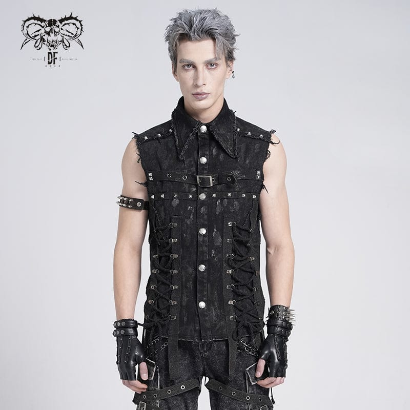 DEVIL FASHION Men's Gothic Studded Lace-up Distressed Vest