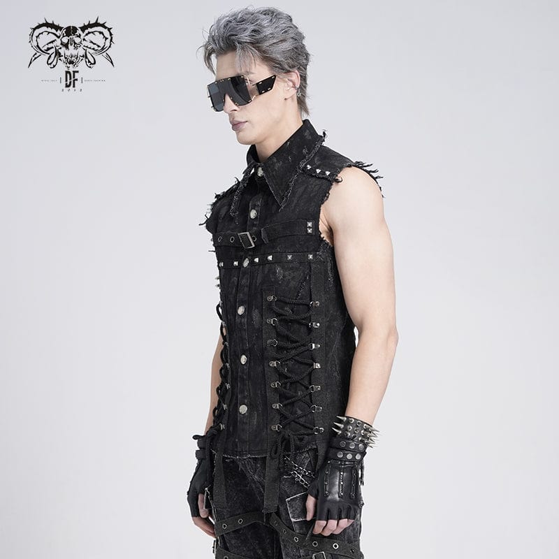DEVIL FASHION Men's Gothic Studded Lace-up Distressed Vest