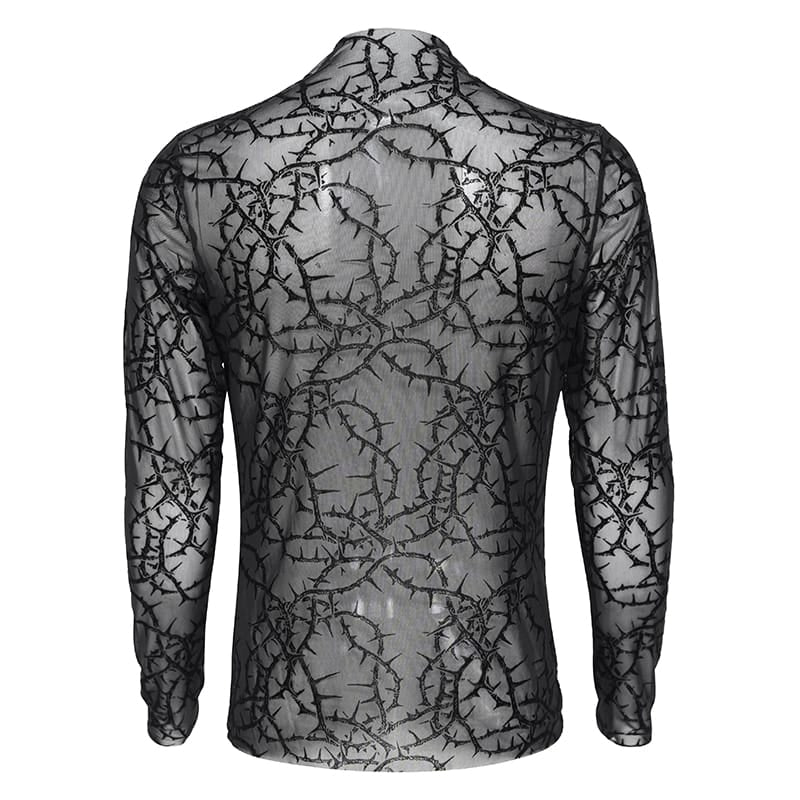 DEVIL FASHION Men's Gothic Thorny Vine Flocked Sheer Mesh Long Sleeve Top