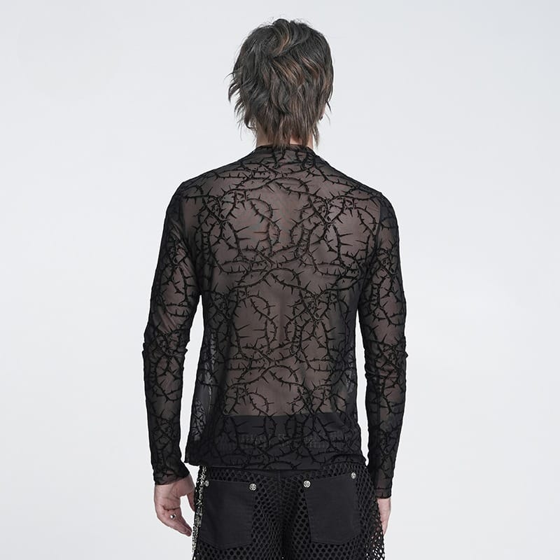 DEVIL FASHION Men's Gothic Thorny Vine Flocked Sheer Mesh Long Sleeve Top