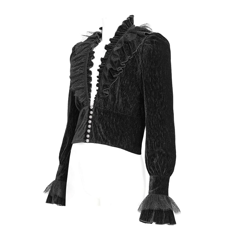DEVIL FASHION Men's Gothic V-neck Ruffled Lace Splice Shirt Black