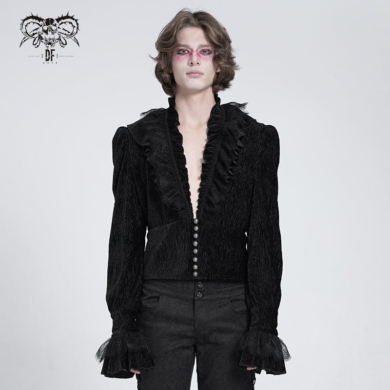 DEVIL FASHION Men's Gothic V-neck Ruffled Lace Splice Shirt Black