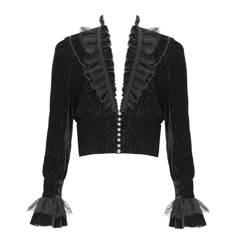 DEVIL FASHION Men's Gothic V-neck Ruffled Lace Splice Shirt Black