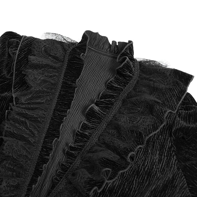 DEVIL FASHION Men's Gothic V-neck Ruffled Lace Splice Shirt Black