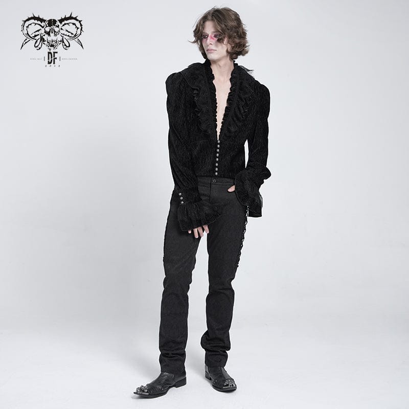 DEVIL FASHION Men's Gothic V-neck Ruffled Lace Splice Shirt Black