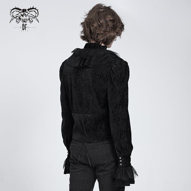 DEVIL FASHION Men's Gothic V-neck Ruffled Lace Splice Shirt Black