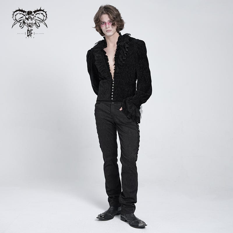 DEVIL FASHION Men's Gothic V-neck Ruffled Lace Splice Shirt Black