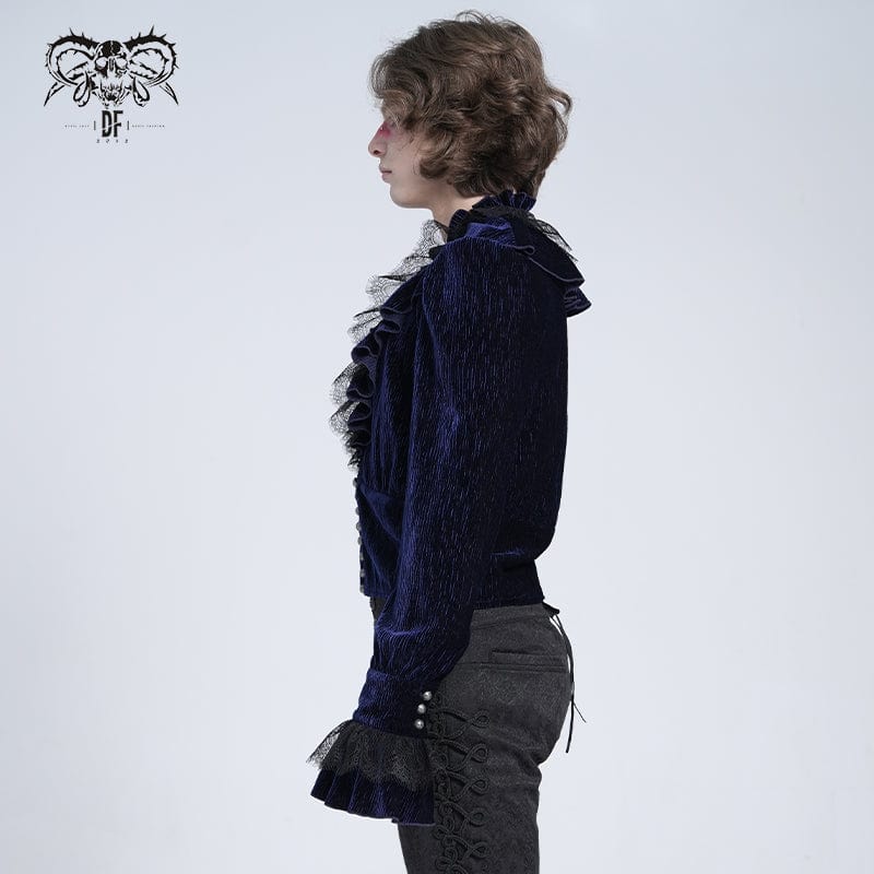 DEVIL FASHION Men's Gothic V-neck Ruffled Lace Splice Shirt Blue