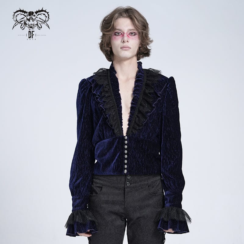 DEVIL FASHION Men's Gothic V-neck Ruffled Lace Splice Shirt Blue