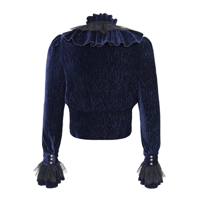 DEVIL FASHION Men's Gothic V-neck Ruffled Lace Splice Shirt Blue