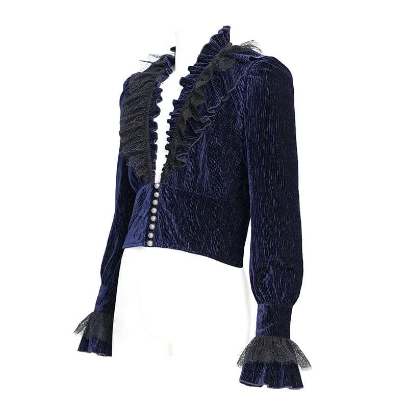 DEVIL FASHION Men's Gothic V-neck Ruffled Lace Splice Shirt Blue