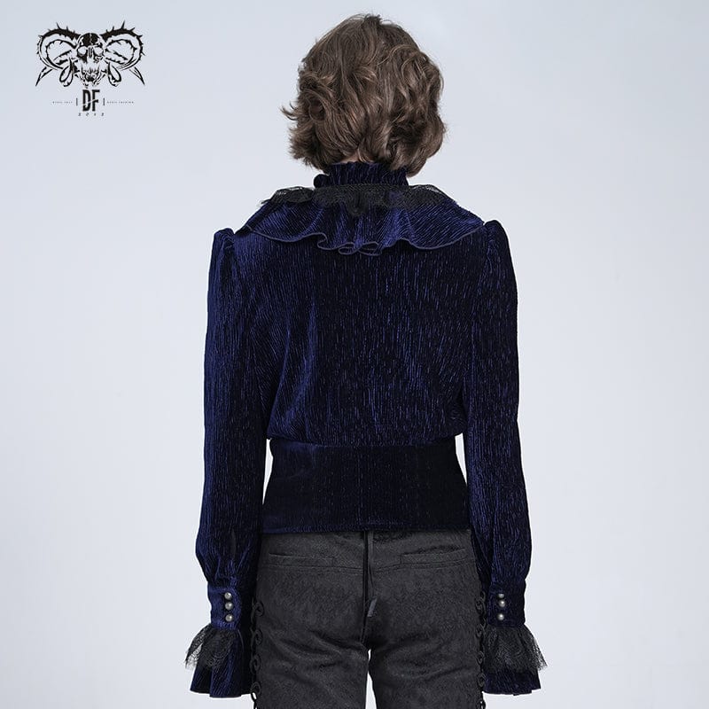 DEVIL FASHION Men's Gothic V-neck Ruffled Lace Splice Shirt Blue