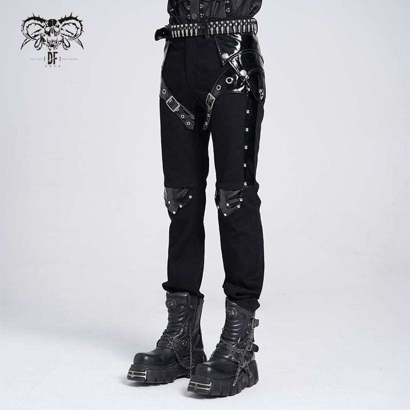 DEVIL FASHION Men's Punk Armor Patent Leather Splice Pants