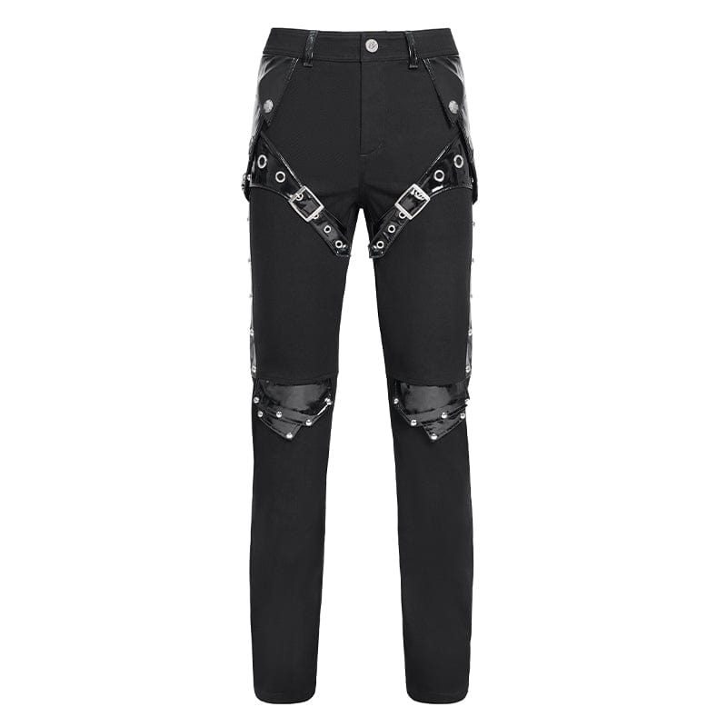 DEVIL FASHION Men's Punk Armor Patent Leather Splice Pants