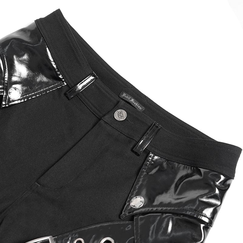 DEVIL FASHION Men's Punk Armor Patent Leather Splice Pants