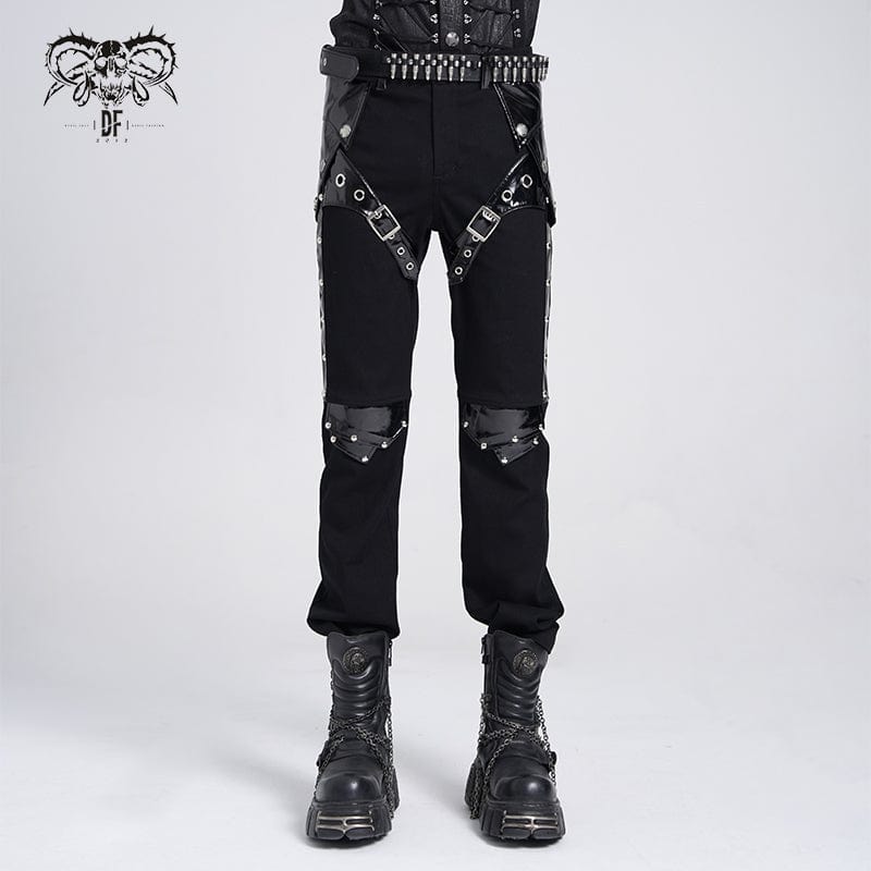 DEVIL FASHION Men's Punk Armor Patent Leather Splice Pants
