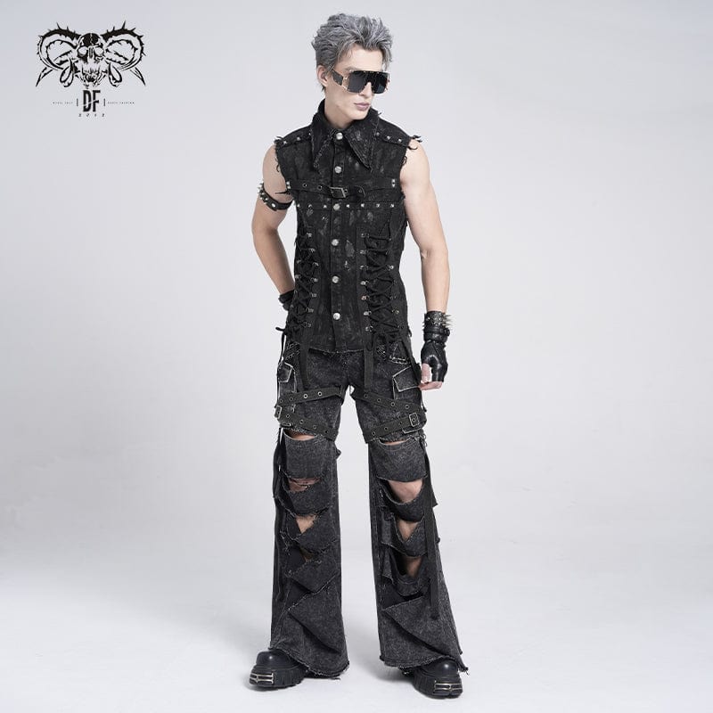 DEVIL FASHION Men's Punk Big-pocket Distressed Pants with Chain