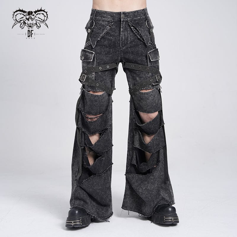 DEVIL FASHION Men's Punk Big-pocket Distressed Pants with Chain