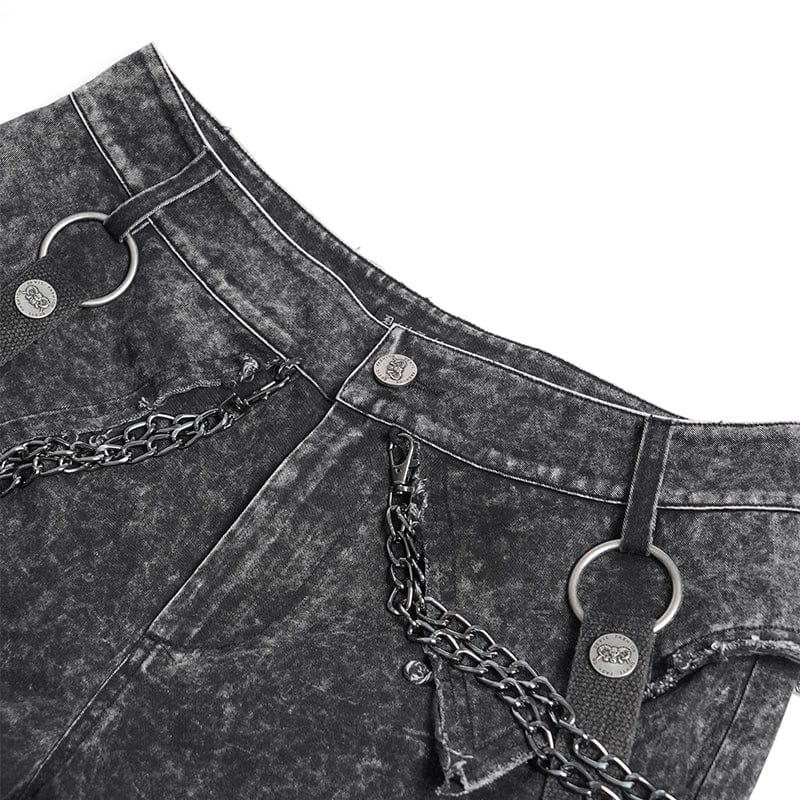 DEVIL FASHION Men's Punk Big-pocket Distressed Pants with Chain