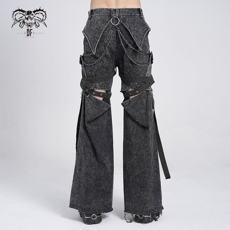 DEVIL FASHION Men's Punk Big-pocket Distressed Pants with Chain