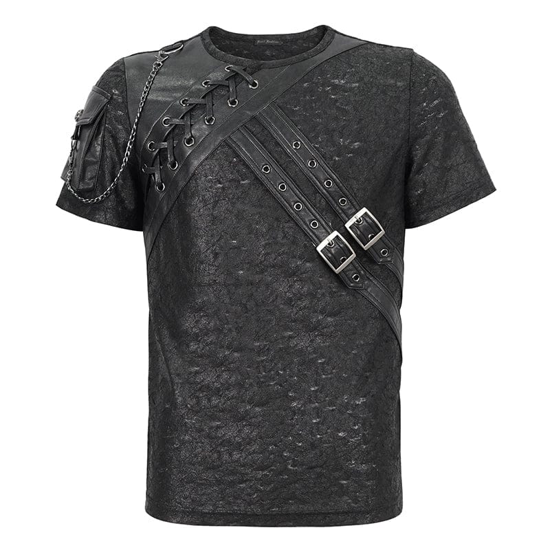 DEVIL FASHION Men's Punk Buckle Splice Faux Leather T-shirt