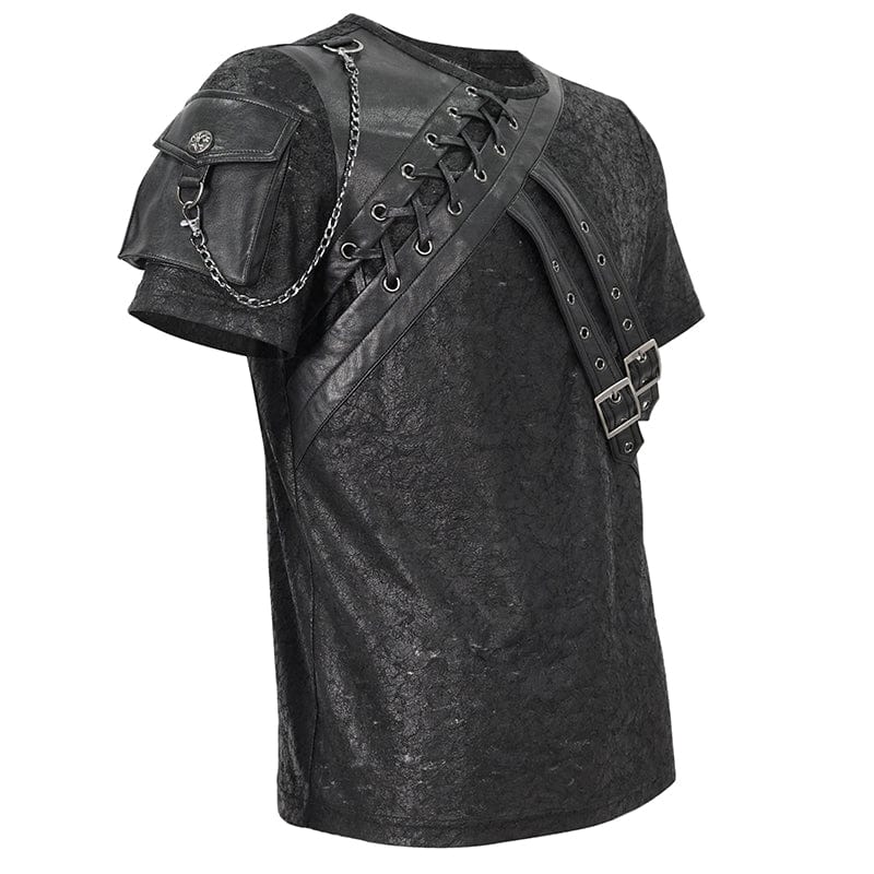 DEVIL FASHION Men's Punk Buckle Splice Faux Leather T-shirt