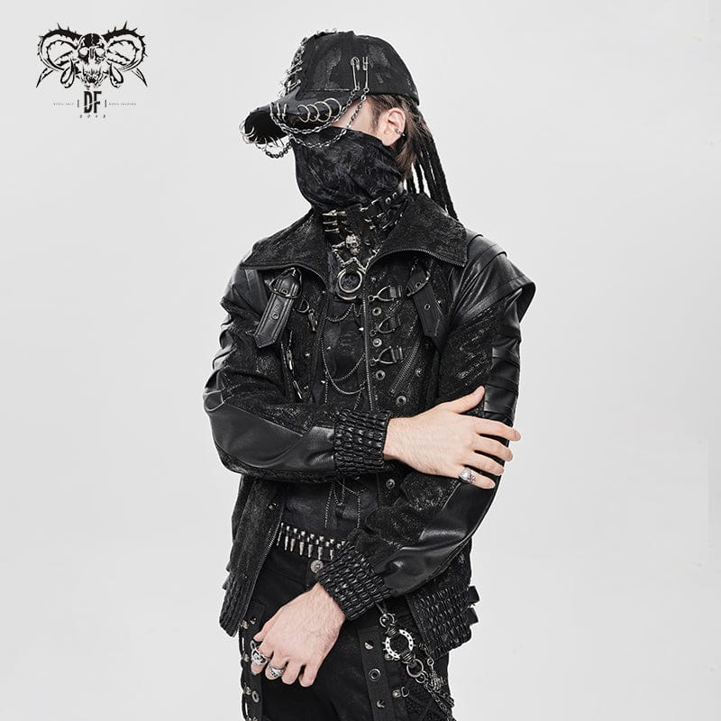 DEVIL FASHION Men's Punk Buckle Strap Faux Leather Splice Coat