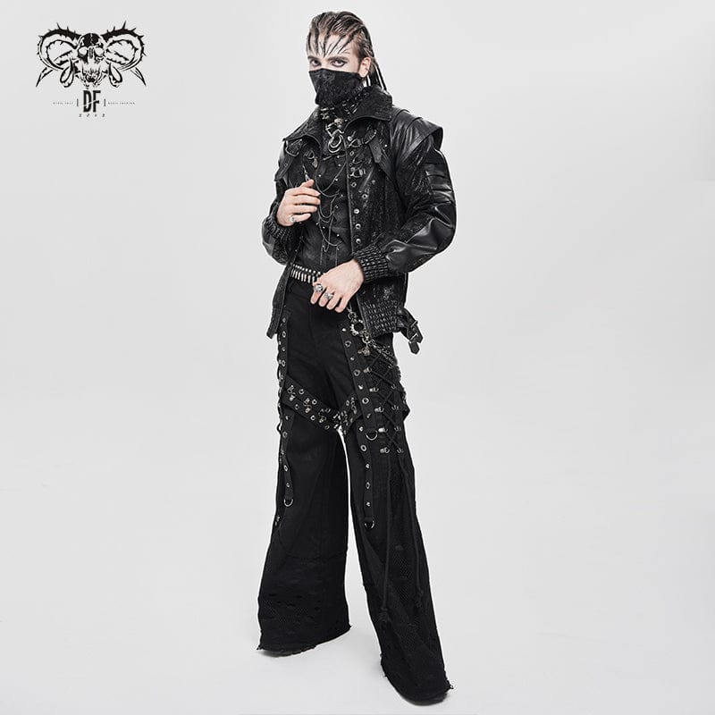 DEVIL FASHION Men's Punk Buckle Strap Faux Leather Splice Coat