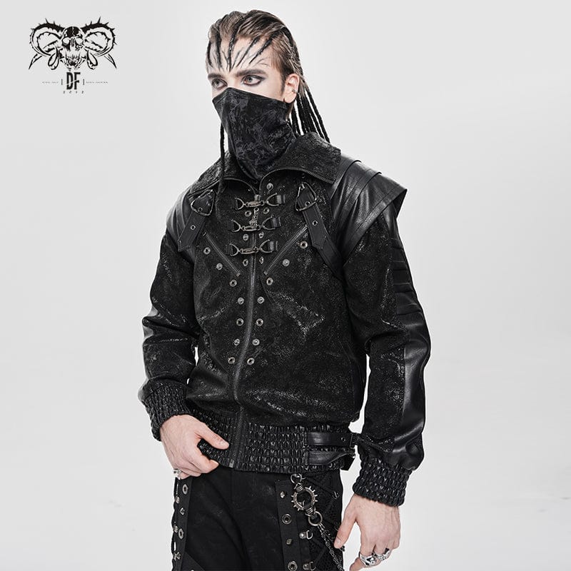 DEVIL FASHION Men's Punk Buckle Strap Faux Leather Splice Coat