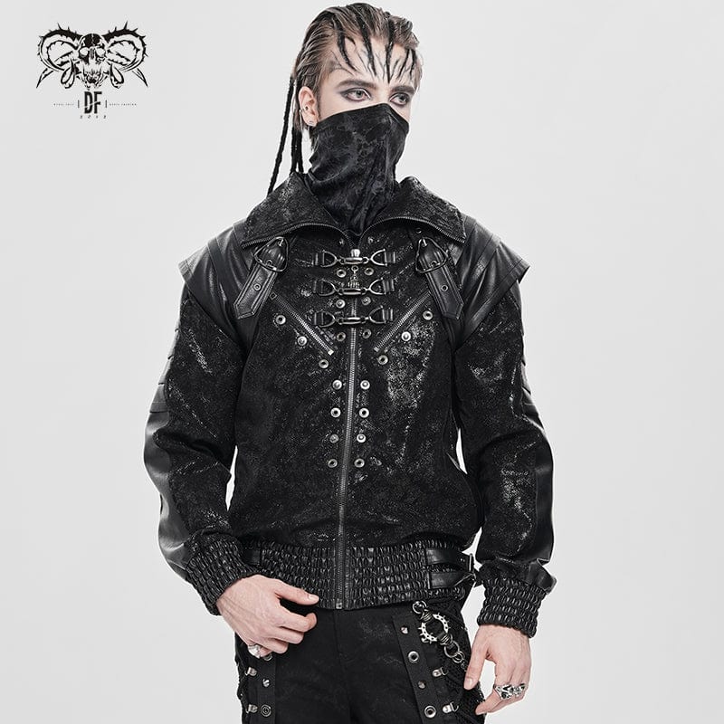 DEVIL FASHION Men's Punk Buckle Strap Faux Leather Splice Coat