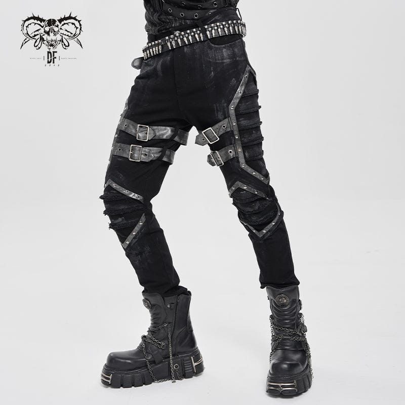 DEVIL FASHION Men's Punk Buckle Strap Pleated Pants