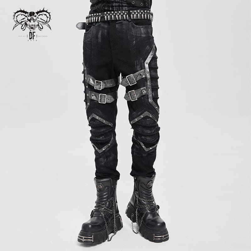 DEVIL FASHION Men's Punk Buckle Strap Pleated Pants