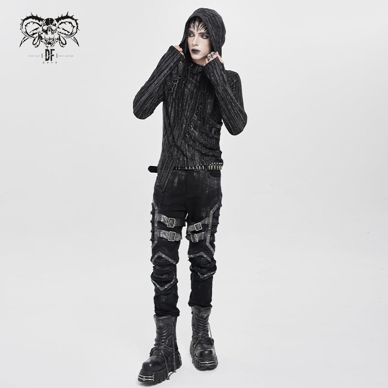 DEVIL FASHION Men's Punk Buckle Strap Pleated Pants