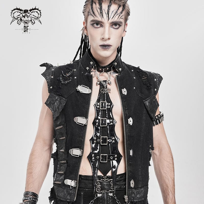 DEVIL FASHION Men's Punk Buckle Strap Ring&Chain Necktie Choker