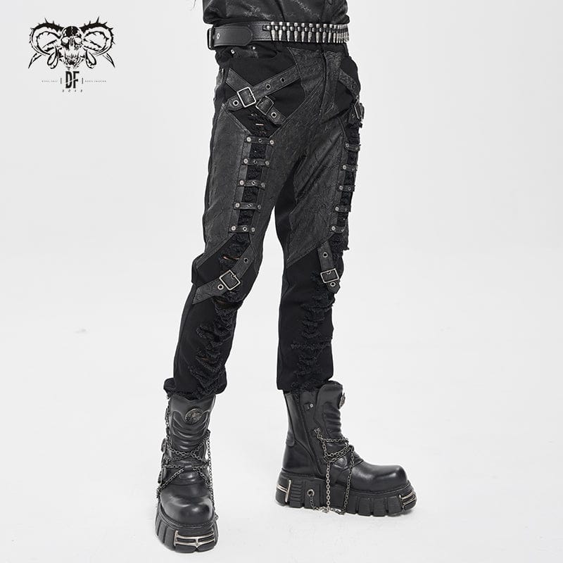DEVIL FASHION Men's Punk Buckle-up Strap Ripped Pants