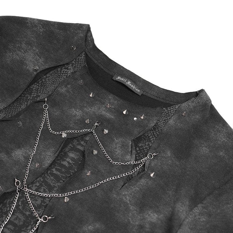 DEVIL FASHION Men's Punk Cutout Rivets Chained Shirt
