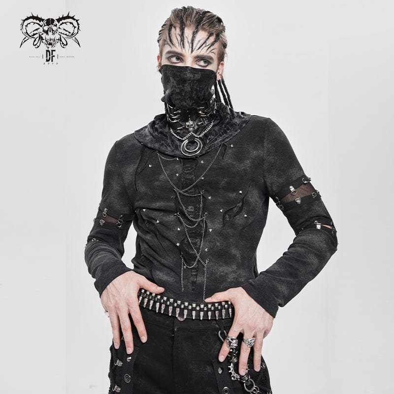 DEVIL FASHION Men's Punk Cutout Rivets Chained Shirt