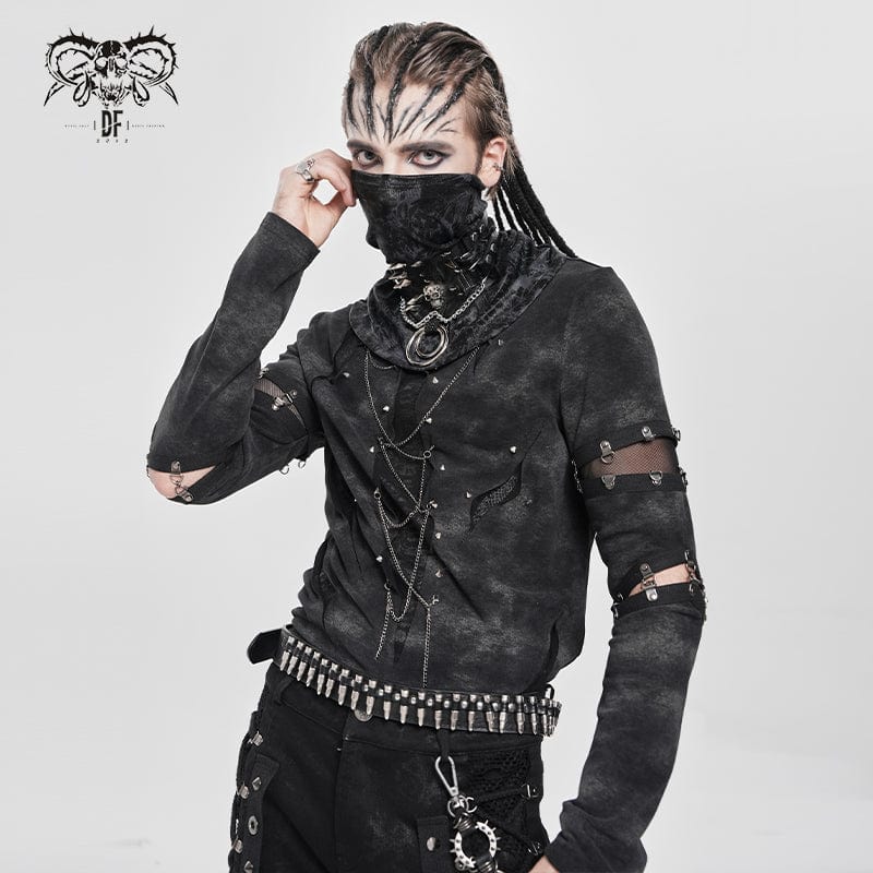 DEVIL FASHION Men's Punk Cutout Rivets Chained Shirt