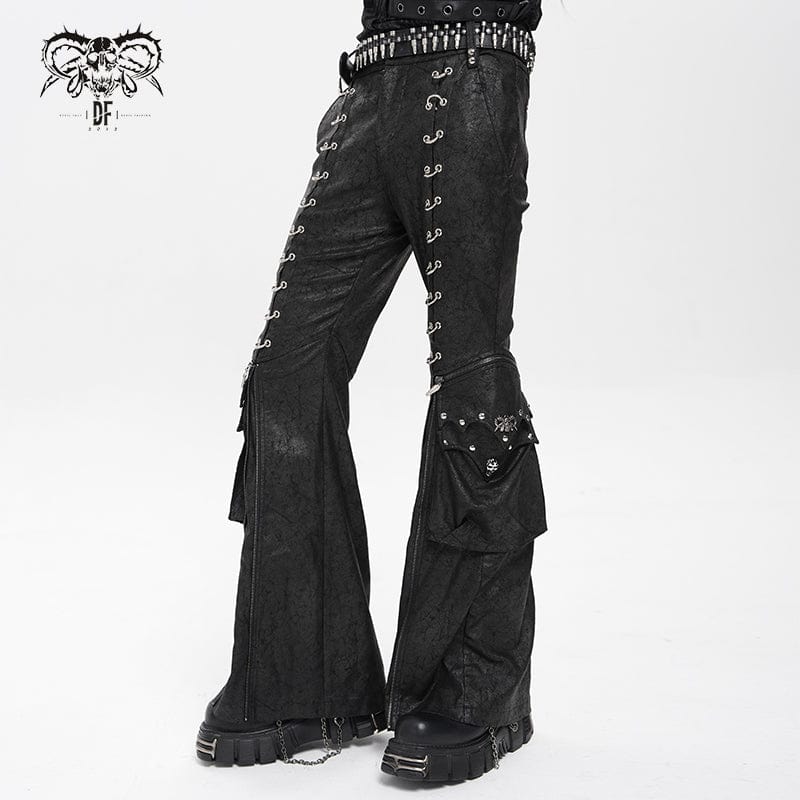 DEVIL FASHION Men's Punk D-ring Buckle Big Pockets Flared Trousers
