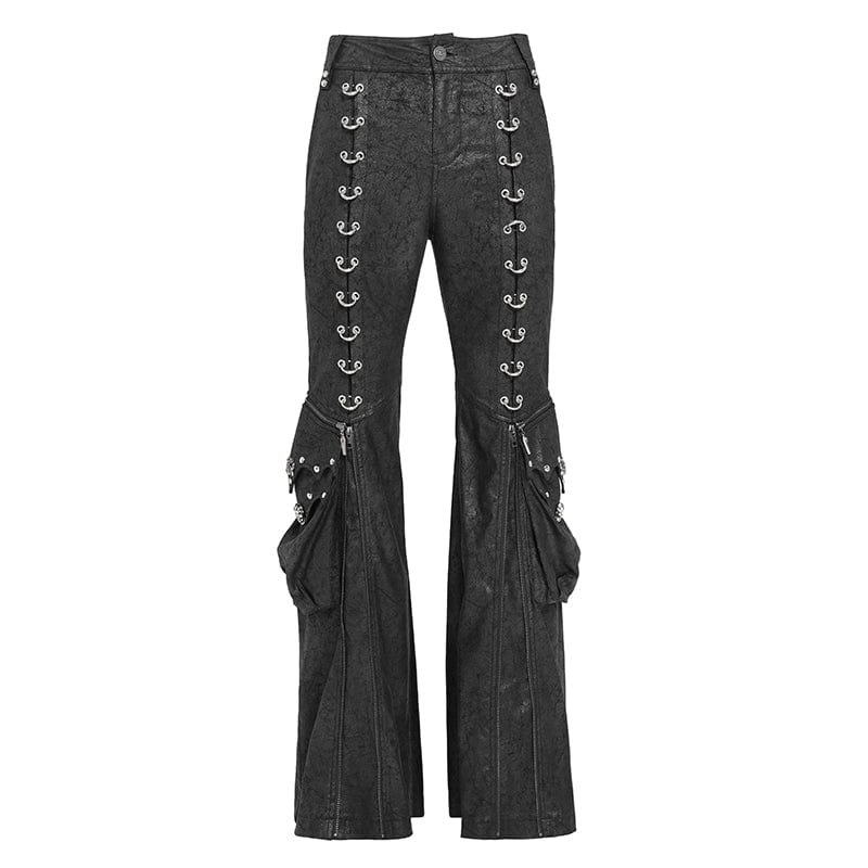 DEVIL FASHION Men's Punk D-ring Buckle Big Pockets Flared Trousers