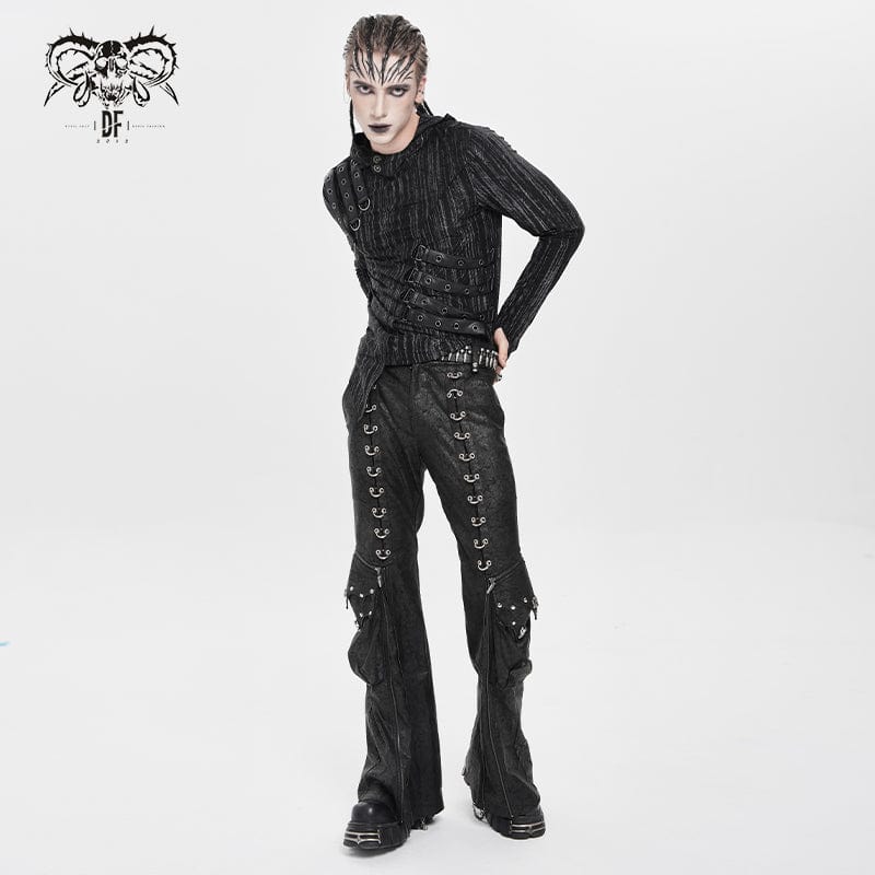 DEVIL FASHION Men's Punk D-ring Buckle Big Pockets Flared Trousers