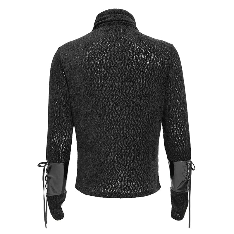 DEVIL FASHION Men's Punk Eyelet Chained Faux Leather Splice Shirt